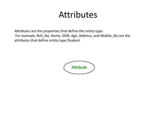Attributes
Attributes are the properties that define the entity type.
For example, Roll_No, Name, DOB, Age, Address, and Mobile_No are the
attributes that define entity type Student.
 