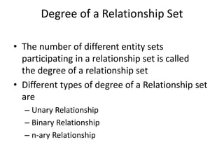 Degree of a Relationship Set
• The number of different entity sets
participating in a relationship set is called
the degree of a relationship set
• Different types of degree of a Relationship set
are
– Unary Relationship
– Binary Relationship
– n-ary Relationship
 
