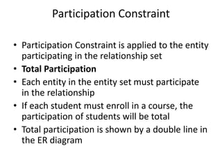 Participation Constraint
• Participation Constraint is applied to the entity
participating in the relationship set
• Total Participation
• Each entity in the entity set must participate
in the relationship
• If each student must enroll in a course, the
participation of students will be total
• Total participation is shown by a double line in
the ER diagram
 