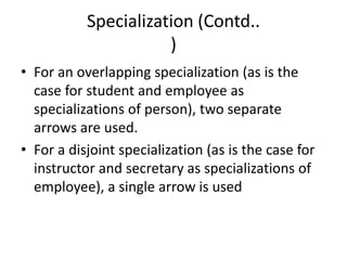 Specialization (Contd..
)
• For an overlapping specialization (as is the
case for student and employee as
specializations of person), two separate
arrows are used.
• For a disjoint specialization (as is the case for
instructor and secretary as specializations of
employee), a single arrow is used
 