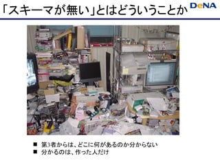 「スキーマが無い」とはどういうことか




   第3者からは、どこに何があるのか分からない
   分かるのは、作った人だけ
 