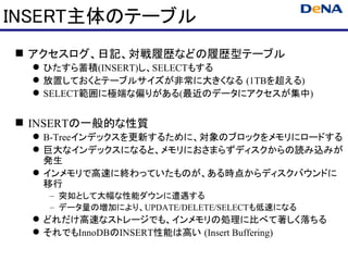 INSERT主体のテーブル
 アクセスログ、日記、対戦履歴などの履歴型テーブル
  ひたすら蓄積(INSERT)し、SELECTもする
  放置しておくとテーブルサイズが非常に大きくなる (1TBを超える)
  SELECT範囲に極端な偏りがある(最近のデータにアクセスが集中)


 INSERTの一般的な性質
  B-Treeインデックスを更新するために、対象のブロックをメモリにロードする
  巨大なインデックスになると、メモリにおさまらずディスクからの読み込みが
   発生
  インメモリで高速に終わっていたものが、ある時点からディスクバウンドに
   移行
   – 突如として大幅な性能ダウンに遭遇する
   – データ量の増加により、UPDATE/DELETE/SELECTも低速になる
  どれだけ高速なストレージでも、インメモリの処理に比べて著しく落ちる
  それでもInnoDBのINSERT性能は高い (Insert Buffering)
 