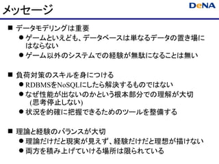 メッセージ
 データモデリングは重要
   ゲームといえども、データベースは単なるデータの置き場に
    はならない
   ゲーム以外のシステムでの経験が無駄になることは無い

 負荷対策のスキルを身につける
   RDBMSをNoSQLにしたら解決するものではない
   なぜ性能が出ないのかという根本部分での理解が大切
     (思考停止しない)
   状況を的確に把握できるためのツールを整備する

 理論と経験のバランスが大切
   理論だけだと現実が見えず、経験だけだと理想が描けない
   両方を積み上げていける場所は限られている
 