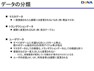 データの分類

 マスタデータ
   一度登録されたら頻繁には変更されないもの (例：商品マスタ)

 トランザクションデータ
   頻繁に変更されるもの (例：受注テーブル)



 ユーザデータ
   すべてのゲームに共通なもの(ニックネーム等)と、
    個々のゲーム独自のもの(所持アイテム等)がある
   マスタデータとしての側面も、トランザクションデータとしての側面も持つ
   登録日などは一度入力したら変更されない
    – ただし、新規登録が殺到している場合は「膨大なINSERT」になる
   ユーザの状態(HP、MP、所持金等)は頻繁に変更される
 