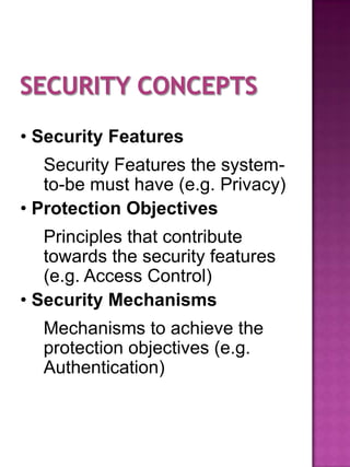 • Security Features
   Security Features the system-
   to-be must have (e.g. Privacy)
• Protection Objectives
   Principles that contribute
   towards the security features
   (e.g. Access Control)
• Security Mechanisms
  Mechanisms to achieve the
  protection objectives (e.g.
  Authentication)
 