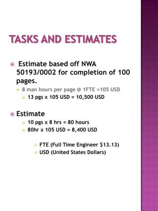     Estimate based off NWA
    50193/0002 for completion of 100
    pages.
       8 man hours per page @ 1FTE =105 USD
         13 pgs x 105 USD = 10,500 USD




   Estimate
           10 pgs x 8 hrs = 80 hours
           80hr x 105 USD = 8,400 USD

                 FTE (Full Time Engineer $13.13)
                 USD (United States Dollars)
 