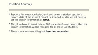 Insertion Anomaly
 Suppose for a new admission, until and unless a student opts for a
branch, data of the student cannot be inserted, or else we will have to
set the branch information as NULL.
 Also, if we have to insert data of 100 students of same branch, then the
branch information will be repeated for all those 100 students.
 These scenarios are nothing but Insertion anomalies.
 