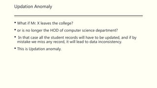 Updation Anomaly
 What if Mr. X leaves the college?
 or is no longer the HOD of computer science department?
 In that case all the student records will have to be updated, and if by
mistake we miss any record, it will lead to data inconsistency.
 This is Updation anomaly.
 