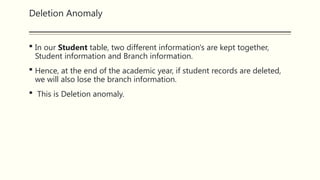 Deletion Anomaly
 In our Student table, two different information's are kept together,
Student information and Branch information.
 Hence, at the end of the academic year, if student records are deleted,
we will also lose the branch information.
 This is Deletion anomaly.
 
