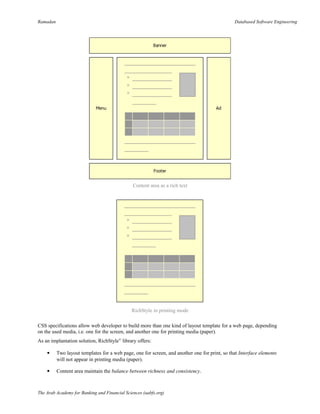 Ramadan Databased Software Engineering
Content area as a rich text
RichStyle in printing mode
CSS specifications allow web developer to build more than one kind of layout template for a web page, depending
on the used media, i.e. one for the screen, and another one for printing media (paper).
As an implantation solution, RichStyle©
library offers:
 Two layout templates for a web page, one for screen, and another one for print, so that Interface elements
will not appear in printing media (paper).
 Content area maintain the balance between richness and consistency.
The Arab Academy for Banking and Financial Sciences (aabfs.org)
 