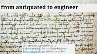 from antiquated to engineer
AllYourBase, November 2015
Laine Campbell, DB Architect/Engineer
lainevc@gmail.com @lainevcampbell
September, 2015
 