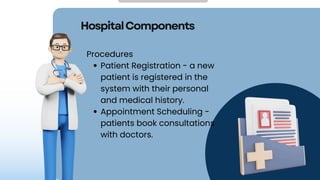 HospitalComponents
Procedures
Patient Registration - a new
patient is registered in the
system with their personal
and medical history.
Appointment Scheduling -
patients book consultations
with doctors.
 