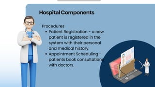 HospitalComponents
Procedures
Patient Registration - a new
patient is registered in the
system with their personal
and medical history.
Appointment Scheduling -
patients book consultations
with doctors.
 