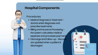 Procedures
MedicalDiagnosis&Treatment-
doctorsenterdiagnosesand
prescribetreatments.
BillingandInsuranceProcessing-
thesystemcalculatesmedical
expensesandprocessespayments.
DischargeandFollow-up-Records
areupdatedwhenapatientis
discharged.
HospitalComponents
 