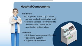 HospitalComponents
Hardware
Computers - used by doctors,
nurses, and administrative staff.
Medical Devices - connected to
the hospital’s database for
monitoring patient vitals
Software
Database Management System
Operating System
Application Software
 