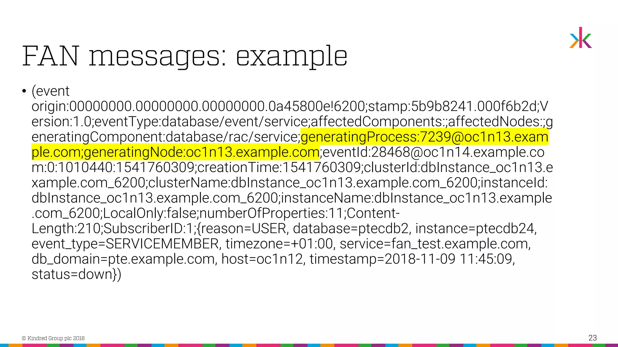 • (event origin:00000000.00000000.00000000.0a45800e!6200;stamp:5b9b8241.000f6b2d;V ersion:1.0;eventType:database/event/service;affectedComponents:;affectedNodes:;g eneratingComponent:database/rac/service;generatingProcess:7239@oc1n13.exam ple.com;generatingNode:oc1n13.example.com;eventId:28468@oc1n14.example.co m:0:1010440:1541760309;creationTime:1541760309;clusterId:dbInstance_oc1n13.e xample.com_6200;clusterName:dbInstance_oc1n13.example.com_6200;instanceId: dbInstance_oc1n13.example.com_6200;instanceName:dbInstance_oc1n13.example .com_6200;LocalOnly:false;numberOfProperties:11;Content- Length:210;SubscriberID:1;{reason=USER, database=ptecdb2, instance=ptecdb24, event_type=SERVICEMEMBER, timezone=+01:00, service=fan_test.example.com, db_domain=pte.example.com, host=oc1n12, timestamp=2018-11-09 11:45:09, status=down}) 23 