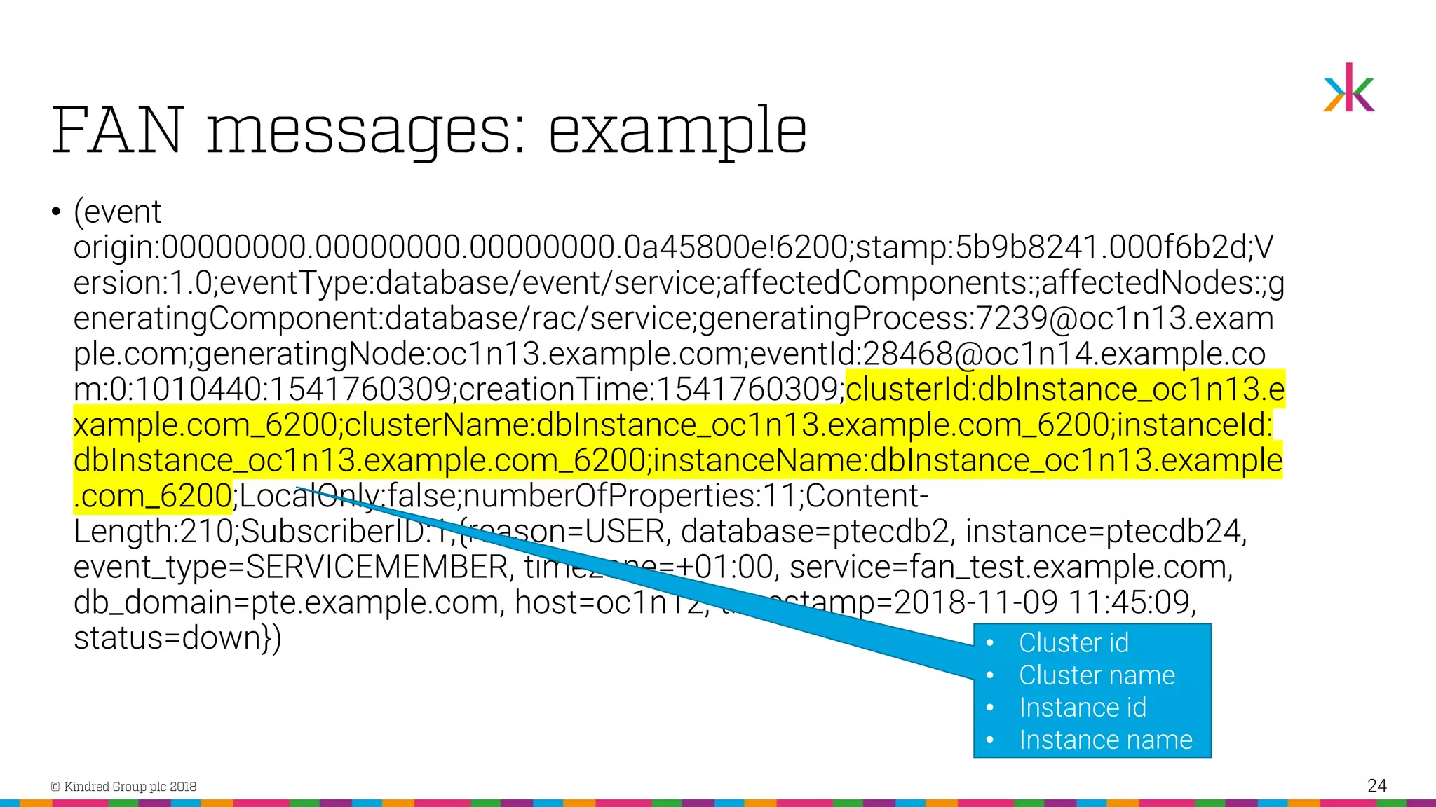 • (event origin:00000000.00000000.00000000.0a45800e!6200;stamp:5b9b8241.000f6b2d;V ersion:1.0;eventType:database/event/service;affectedComponents:;affectedNodes:;g eneratingComponent:database/rac/service;generatingProcess:7239@oc1n13.exam ple.com;generatingNode:oc1n13.example.com;eventId:28468@oc1n14.example.co m:0:1010440:1541760309;creationTime:1541760309;clusterId:dbInstance_oc1n13.e xample.com_6200;clusterName:dbInstance_oc1n13.example.com_6200;instanceId: dbInstance_oc1n13.example.com_6200;instanceName:dbInstance_oc1n13.example .com_6200;LocalOnly:false;numberOfProperties:11;Content- Length:210;SubscriberID:1;{reason=USER, database=ptecdb2, instance=ptecdb24, event_type=SERVICEMEMBER, timezone=+01:00, service=fan_test.example.com, db_domain=pte.example.com, host=oc1n12, timestamp=2018-11-09 11:45:09, status=down}) 24 • Cluster id • Cluster name • Instance id • Instance name 