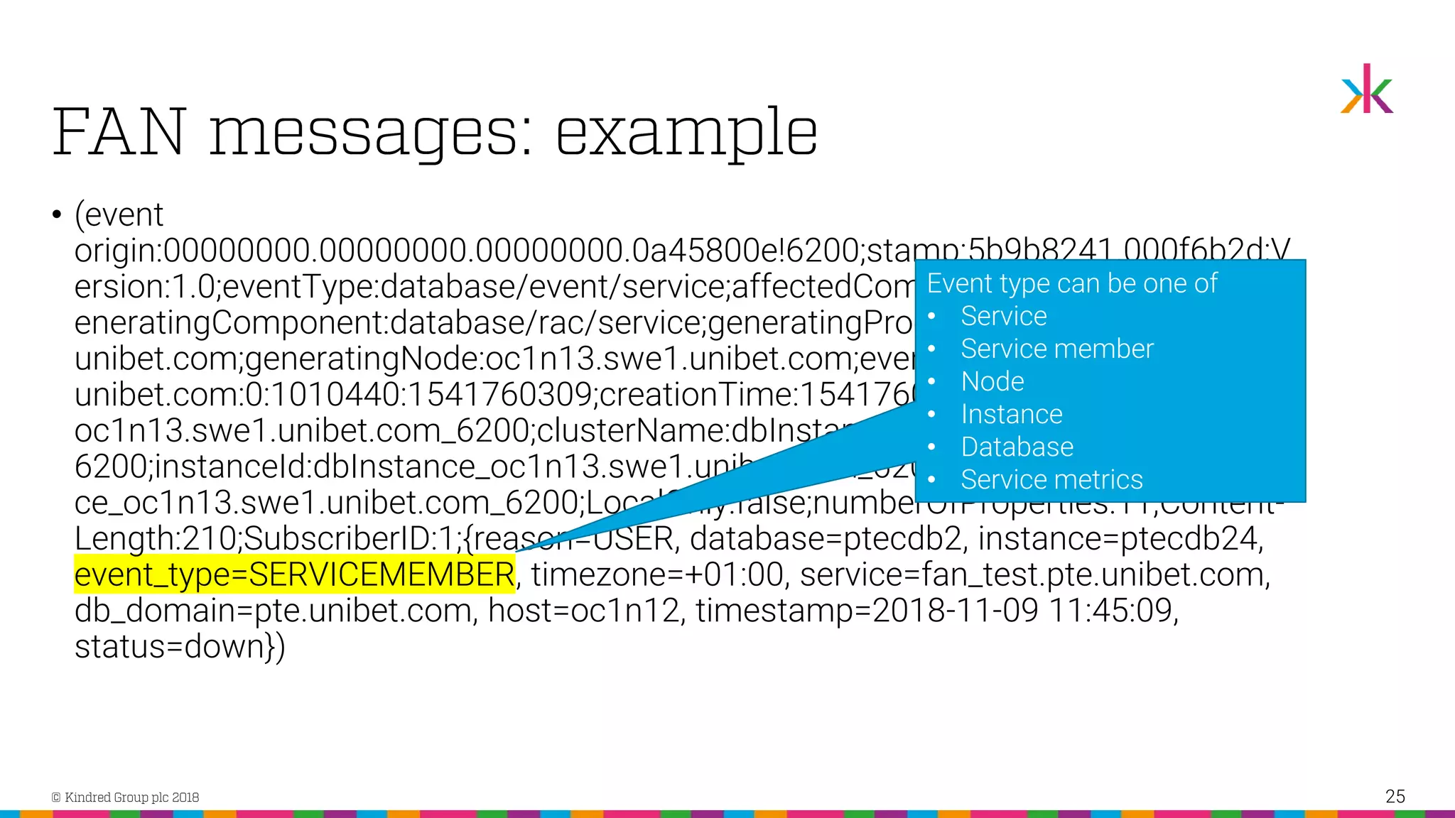 • (event origin:00000000.00000000.00000000.0a45800e!6200;stamp:5b9b8241.000f6b2d;V ersion:1.0;eventType:database/event/service;affectedComponents:;affectedNodes:;g eneratingComponent:database/rac/service;generatingProcess:7239@oc1n13.swe1. unibet.com;generatingNode:oc1n13.swe1.unibet.com;eventId:28468@oc1n14.swe1. unibet.com:0:1010440:1541760309;creationTime:1541760309;clusterId:dbInstance_ oc1n13.swe1.unibet.com_6200;clusterName:dbInstance_oc1n13.swe1.unibet.com_ 6200;instanceId:dbInstance_oc1n13.swe1.unibet.com_6200;instanceName:dbInstan ce_oc1n13.swe1.unibet.com_6200;LocalOnly:false;numberOfProperties:11;Content- Length:210;SubscriberID:1;{reason=USER, database=ptecdb2, instance=ptecdb24, event_type=SERVICEMEMBER, timezone=+01:00, service=fan_test.pte.unibet.com, db_domain=pte.unibet.com, host=oc1n12, timestamp=2018-11-09 11:45:09, status=down}) 25 Event type can be one of • Service • Service member • Node • Instance • Database • Service metrics 