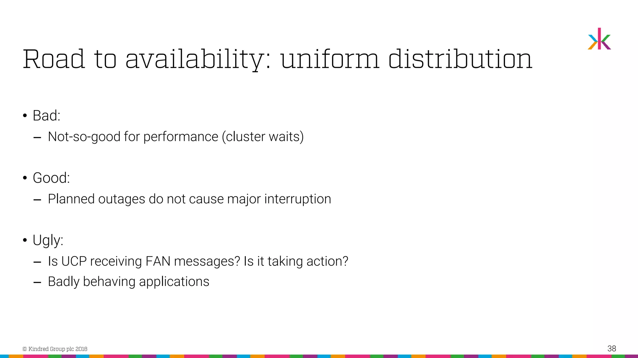 • Bad: ‒ Not-so-good for performance (cluster waits) • Good: ‒ Planned outages do not cause major interruption • Ugly: ‒ Is UCP receiving FAN messages? Is it taking action? ‒ Badly behaving applications 38 