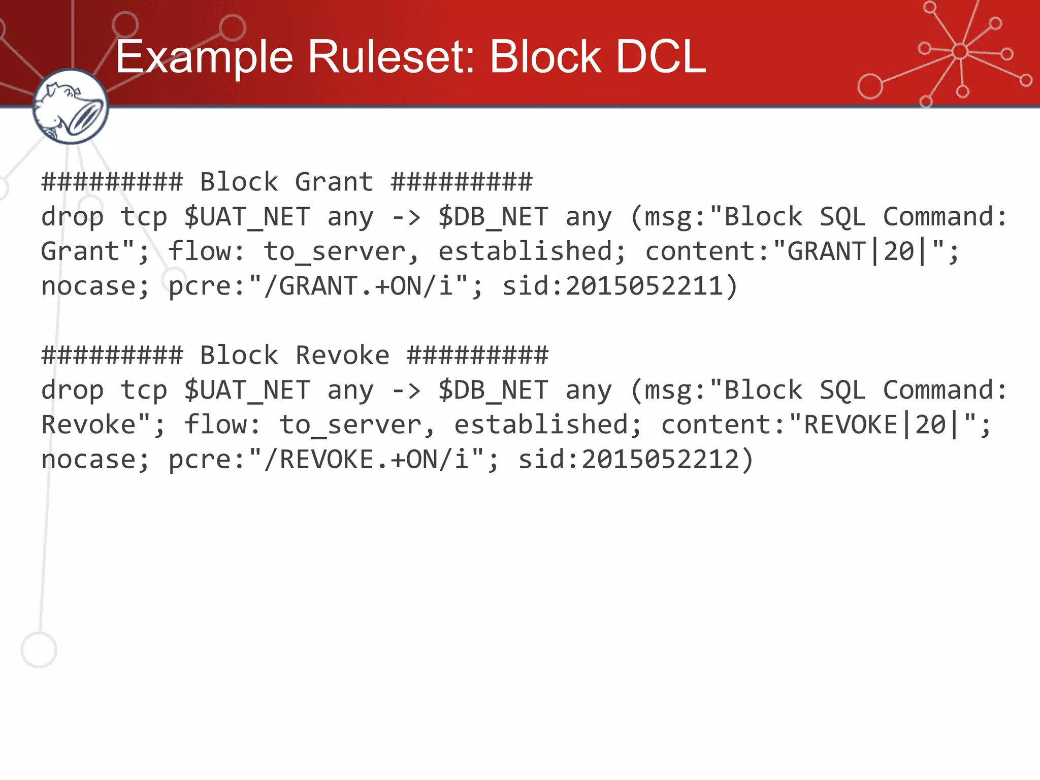 Example Ruleset: Block DCL
######### Block Grant #########
drop tcp $UAT_NET any -> $DB_NET any (msg:"Block SQL Command:
Grant"; flow: to_server, established; content:"GRANT|20|";
nocase; pcre:"/GRANT.+ON/i"; sid:2015052211)
######### Block Revoke #########
drop tcp $UAT_NET any -> $DB_NET any (msg:"Block SQL Command:
Revoke"; flow: to_server, established; content:"REVOKE|20|";
nocase; pcre:"/REVOKE.+ON/i"; sid:2015052212)
 
