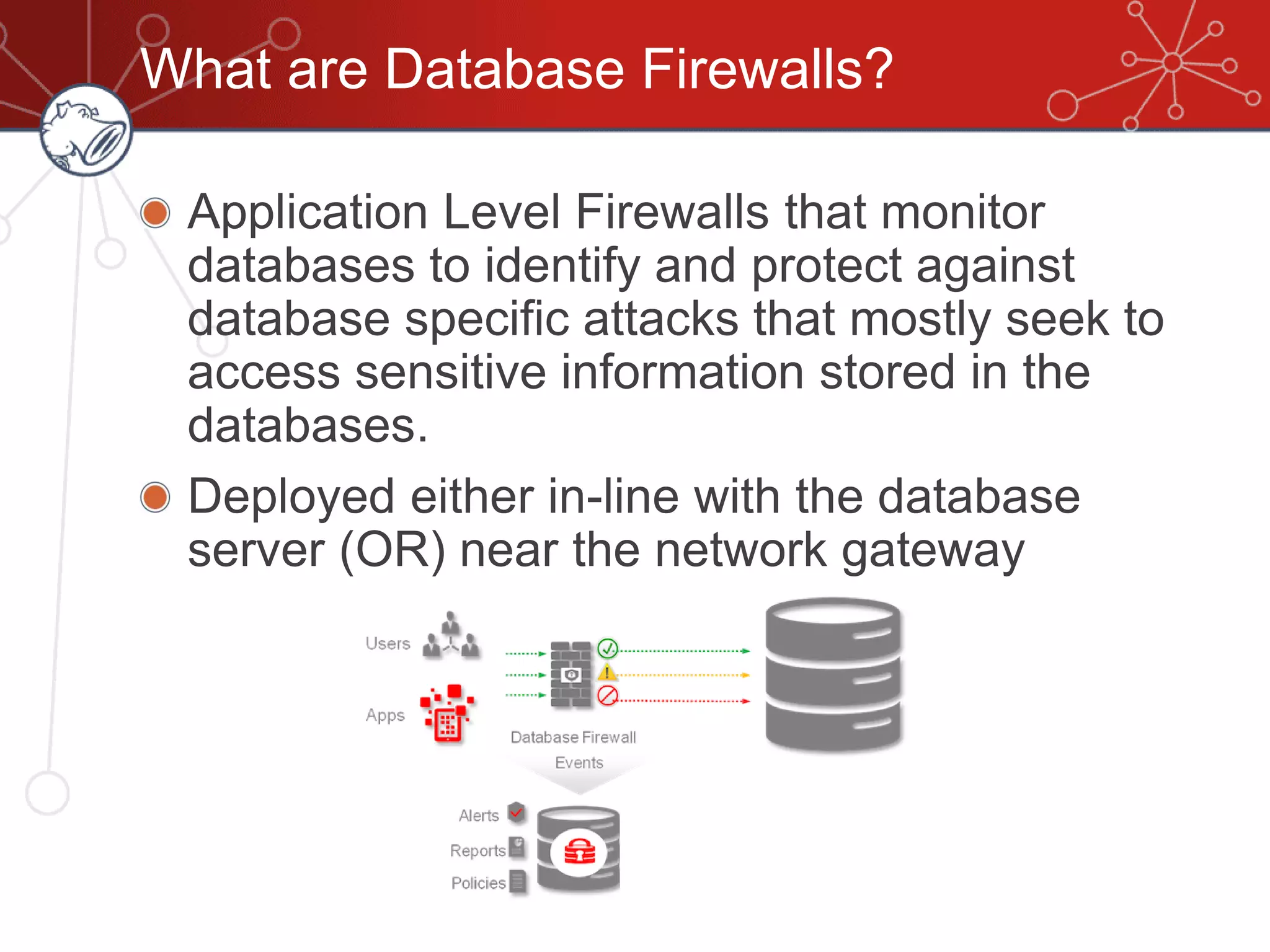 What are Database Firewalls?
Application Level Firewalls that monitor
databases to identify and protect against
database specific attacks that mostly seek to
access sensitive information stored in the
databases.
Deployed either in-line with the database
server (OR) near the network gateway
 