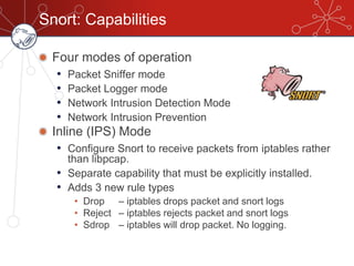 Snort: Capabilities
Four modes of operation
• Packet Sniffer mode
• Packet Logger mode
• Network Intrusion Detection Mode
• Network Intrusion Prevention
Inline (IPS) Mode
• Configure Snort to receive packets from iptables rather
than libpcap.
• Separate capability that must be explicitly installed.
• Adds 3 new rule types
• Drop – iptables drops packet and snort logs
• Reject – iptables rejects packet and snort logs
• Sdrop – iptables will drop packet. No logging.
 