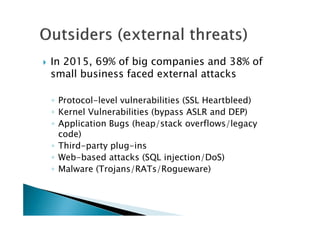 In 2015, 69% of big companies and 38% of
small business faced external attacks
◦ Protocol-level vulnerabilities (SSL Heartbleed)
◦ Kernel Vulnerabilities (bypass ASLR and DEP)
◦ Application Bugs (heap/stack overflows/legacy
code)
◦ Third-party plug-ins
◦ Web-based attacks (SQL injection/DoS)
◦ Malware (Trojans/RATs/Rogueware)
 