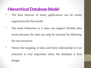 Database: Multiple related file are integrated to form a Database. (multiple employee file such as salary file, Personnel information file, Skill Set file)		Database Model				A database model defines the manner in which the various files of a database are linked together. 