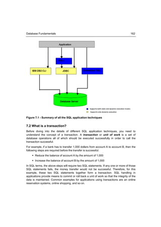 Database Fundamentals                                                                   162




Figure 7.1 - Summary of all the SQL application techniques


7.2 What is a transaction?
Before diving into the details of different SQL application techniques, you need to
understand the concept of a transaction. A transaction or unit of work is a set of
database operations all of which should be executed successfully in order to call the
transaction successful.
For example, if a bank has to transfer 1,000 dollars from account A to account B, then the
following steps are required before the transfer is successful.
     Reduce the balance of account A by the amount of 1,000
     Increase the balance of account B by the amount of 1,000
In SQL terms, the above steps will require two SQL statements. If any one or more of those
SQL statements fails, the money transfer would not be successful. Therefore, for this
example, these two SQL statements together form a transaction. SQL handling in
applications provide means to commit or roll back a unit of work so that the integrity of the
data is maintained. Common examples for applications using transactions are an online
reservation systems, online shopping, and so on.
 