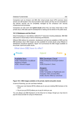 Database Fundamentals                                                                   242

Companies such as Amazon and IBM offer virtual private cloud (VPC) services where
servers are still located in the cloud provider’s data centers yet they are not accessible to
the internet; security can be completely managed by the company's own security
infrastructure and processes.
Companies can also work with hybrid clouds where they can keep critical data in their
private cloud, while data used for development or testing can be stored on the public cloud.

10.1.5 Databases and the Cloud
Cloud Computing is a new delivery method for IT resources including databases. IBM DB2
data server is Cloud-ready in terms of licensing and features.
Different DB2 editions for production, development and test are available on AWS and the
IBM developer cloud. DB2 images are also available for private clouds using VMware or
WebSphere Cloudburst appliance. Figure 10.5 summarizes the DB2 images available on
the private, hybrid and public clouds.




Figure 10.5 - DB2 images available on the private, hybrid and public clouds
In terms of licensing, you can use these methods:
     Bring your own license (BYOL) allows you to use your existing DB2 licenses on the
      cloud
     Pay as you go (PAYG) allows you to pay for what you use
You can always use DB2 Express-C on the Cloud at no charge, though you may have to
pay the Cloud provider for using its infrastructure.
 
