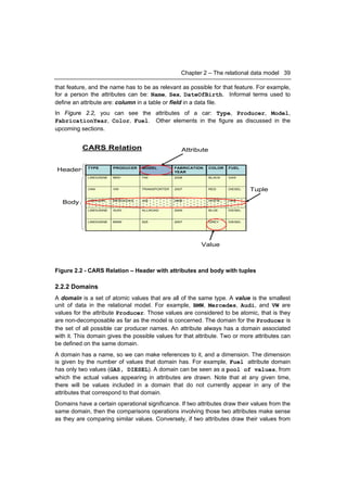 Chapter 2 – The relational data model 39

that feature, and the name has to be as relevant as possible for that feature. For example,
for a person the attributes can be: Name, Sex, DateOfBirth. Informal terms used to
define an attribute are: column in a table or field in a data file.
In Figure 2.2, you can see the attributes of a car: Type, Producer, Model,
FabricationYear, Color, Fuel. Other elements in the figure as discussed in the
upcoming sections.


          CARS Relation                             Attribute


            TYPE        PRODUCER   MODEL         FABRICATION    COLOR   FUEL
Header                                           YEAR
            LIMOUSINE   BMV        740           2008           BLACK   GAS



            VAN         VW         TRANSPORTER   2007           RED     DIESEL   Tuple
            LIMOUSIN    MERCEDES   320           2008           WHITE   GAS
   Body
            LIMOUSINE   AUDI       ALLROAD       2009           BLUE    DIESEL



            LIMOUSINE   BMW        525           2007           GREY    DIESEL




                                                           Value



Figure 2.2 - CARS Relation – Header with attributes and body with tuples

2.2.2 Domains
A domain is a set of atomic values that are all of the same type. A value is the smallest
unit of data in the relational model. For example, BMW, Mercedes, Audi, and VW are
values for the attribute Producer. Those values are considered to be atomic, that is they
are non-decomposable as far as the model is concerned. The domain for the Producer is
the set of all possible car producer names. An attribute always has a domain associated
with it. This domain gives the possible values for that attribute. Two or more attributes can
be defined on the same domain.
A domain has a name, so we can make references to it, and a dimension. The dimension
is given by the number of values that domain has. For example, Fuel attribute domain
has only two values (GAS, DIESEL). A domain can be seen as a pool of values, from
which the actual values appearing in attributes are drawn. Note that at any given time,
there will be values included in a domain that do not currently appear in any of the
attributes that correspond to that domain.
Domains have a certain operational significance. If two attributes draw their values from the
same domain, then the comparisons operations involving those two attributes make sense
as they are comparing similar values. Conversely, if two attributes draw their values from
 