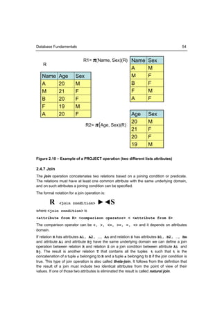 Database Fundamentals                                                                       54


                              R1= π(Name, Sex)(R) Name Sex
    R
                                                            A          M
   Name       Age        Sex                                M          F
   A          20         M                                  B          F
   M          21         F                                  F          M
   B          20         F                                  A          F
   F          19         M
   A          20         F                                  Age        Sex
                                                            20         M
                               R2= π(Age, Sex)(R)
                                                            21         F
                                                            20         F
                                                            19         M

Figure 2.10 – Example of a PROJECT operation (two different lists attributes)

2.4.7 Join
The join operation concatenates two relations based on a joining condition or predicate.
The relations must have at least one common attribute with the same underlying domain,
and on such attributes a joining condition can be specified.
The formal notation for a join operation is:

        R     <join condition>         ►◄S
where <join condition> is
<attribute from R> <comparison operator> < <attribute from S>
The comparison operator can be <, >, <=, >=, =, <> and it depends on attributes
domain.
If relation R has attributes A1, A2, …, An and relation S has attributes B1, B2, …, Bm
and attribute Ai and attribute Bj have the same underlying domain we can define a join
operation between relation R and relation S on a join condition between attribute Ai and
Bj. The result is another relation T that contains all the tuples t such that t is the
concatenation of a tuple r belonging to R and a tuple s belonging to S if the join condition is
true. This type of join operation is also called theta-join. It follows from the definition that
the result of a join must include two identical attributes from the point of view of their
values. If one of those two attributes is eliminated the result is called natural join.
 