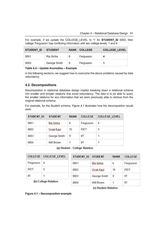 Chapter 4 – Relational Database Design 91

For example, if we update the COLLEGE_LEVEL to '1' for STUDENT_ID 0003, then
college 'Fergusson' has conflicting information with two college levels, 1 and 4.

STUDENT_ID       STUDENT            RANK     COLLEGE             COLLEGE_LEVEL

0001             Ria Sinha          6        Fergusson           4

0003             George Smith       9        Fergusson           1
Table 4.4 – Update Anomalies – Example
In the following sections, we suggest how to overcome the above problems caused by data
redundancy.


4.2. Decompositions
Decomposition in relational database design implies breaking down a relational schema
into smaller and simpler relations that avoid redundancy. The idea is to be able to query
the smaller relations for any information that we were previously able to retrieve from the
original relational schema.
For example, for the Student schema, Figure 4.1 illustrates how the decomposition would
work.




Figure 4.1 – Decomposition example
 
