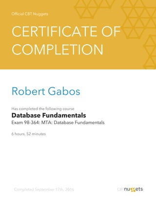 Official CBT Nuggets
CERTIFICATE OF
COMPLETION
Robert Gabos
Has completed the following course
Database Fundamentals
Exam 98-364: MTA: Database Fundamentals
6 hours, 52 minutes
Completed September 17th, 2016
 