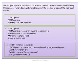 We will give a prize to the submission that has shortest total runtime for the following
three queries (where total runtime is the sum of the runtime of each of the individual
queries):
1. SELECT g.title
FROM grants g
WHERE g.title LIKE 'Monkey';
2. SELECT g.title
FROM grants g, researchers r, grant_researchers gr
WHERE r.name = 'Samuel Madden'
AND gr.researcherid = r.id
AND gr.grantid = g.id;
3. SELECT r2.name, count(g.id)
FROM grants g, researchers r, researchers r2, grant_researchers gr,
grant_researchers gr2
WHERE r.name = 'Samuel Madden‘
AND gr.researcherid = r.id
databasehomeworkhelp.com
 