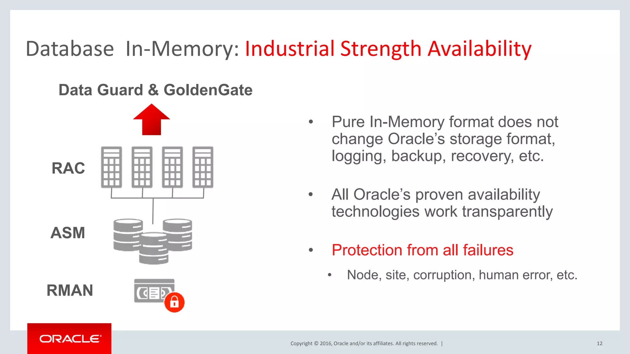 Copyright © 2016, Oracle and/or its affiliates. All rights reserved. | 12 RAC ASM RMAN Data Guard & GoldenGate • Pure In-Memory format does not change Oracle’s storage format, logging, backup, recovery, etc. • All Oracle’s proven availability technologies work transparently • Protection from all failures • Node, site, corruption, human error, etc. Database In-Memory: Industrial Strength Availability 