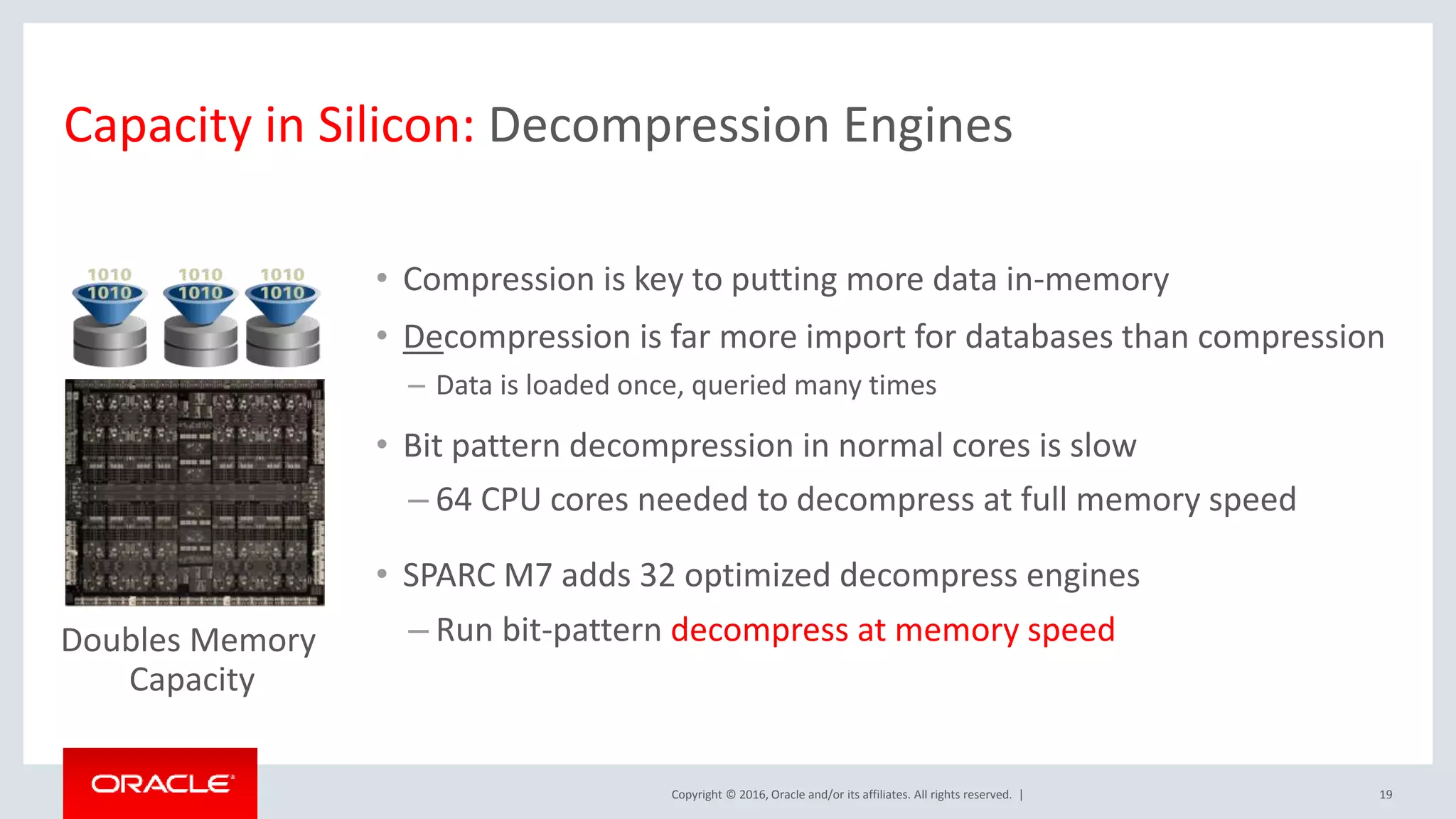 Copyright © 2016, Oracle and/or its affiliates. All rights reserved. | Capacity in Silicon: Decompression Engines • Compression is key to putting more data in-memory • Decompression is far more import for databases than compression – Data is loaded once, queried many times • Bit pattern decompression in normal cores is slow – 64 CPU cores needed to decompress at full memory speed • SPARC M7 adds 32 optimized decompress engines – Run bit-pattern decompress at memory speed 19 Doubles Memory Capacity 