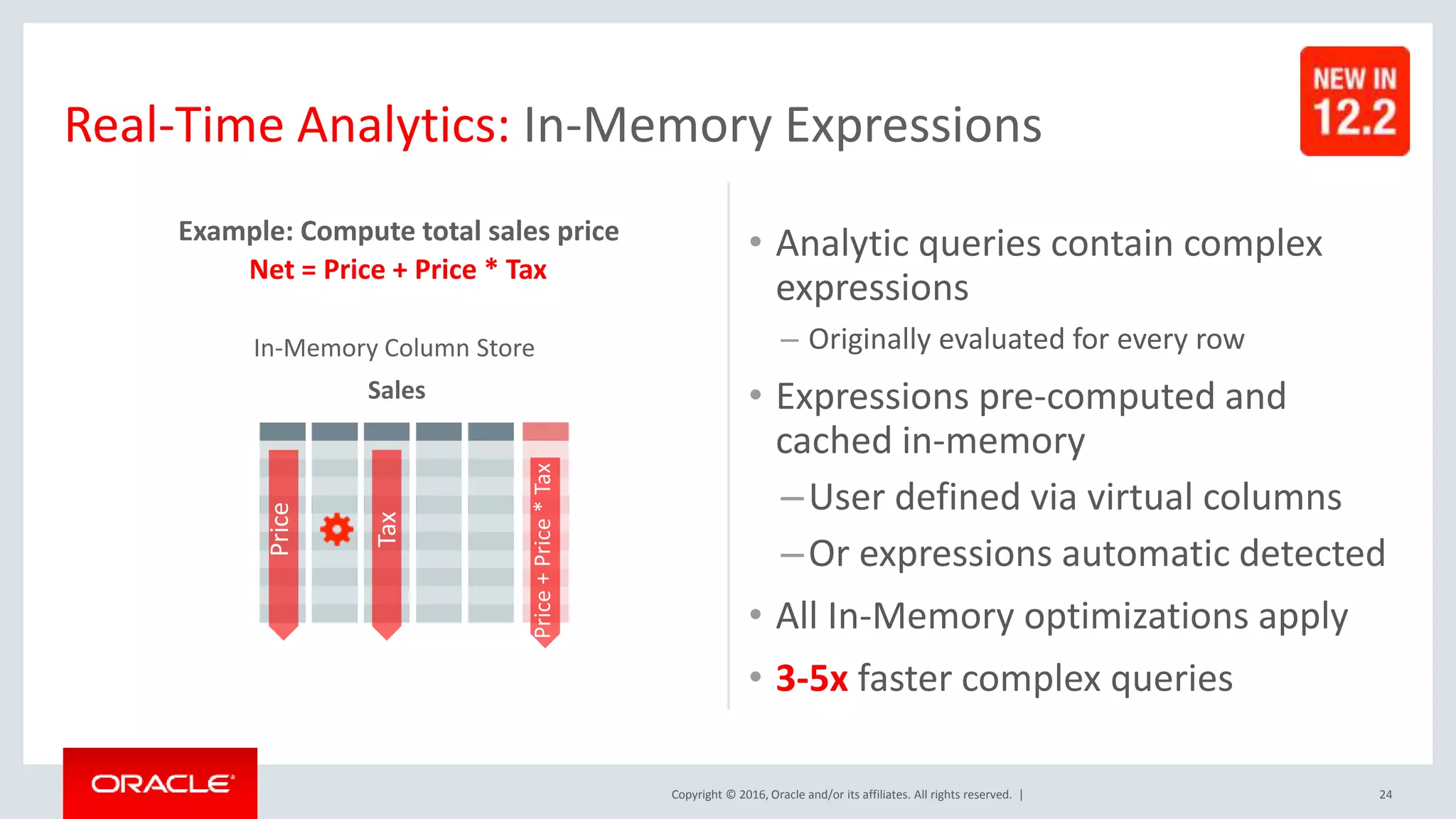 Copyright © 2016, Oracle and/or its affiliates. All rights reserved. | • Analytic queries contain complex expressions – Originally evaluated for every row • Expressions pre-computed and cached in-memory –User defined via virtual columns –Or expressions automatic detected • All In-Memory optimizations apply • 3-5x faster complex queries Real-Time Analytics: In-Memory Expressions Net = Price + Price * Tax In-Memory Column Store Sales Example: Compute total sales price Tax Price 24 Price Price+PriceXTaxPrice+Price*Tax 
