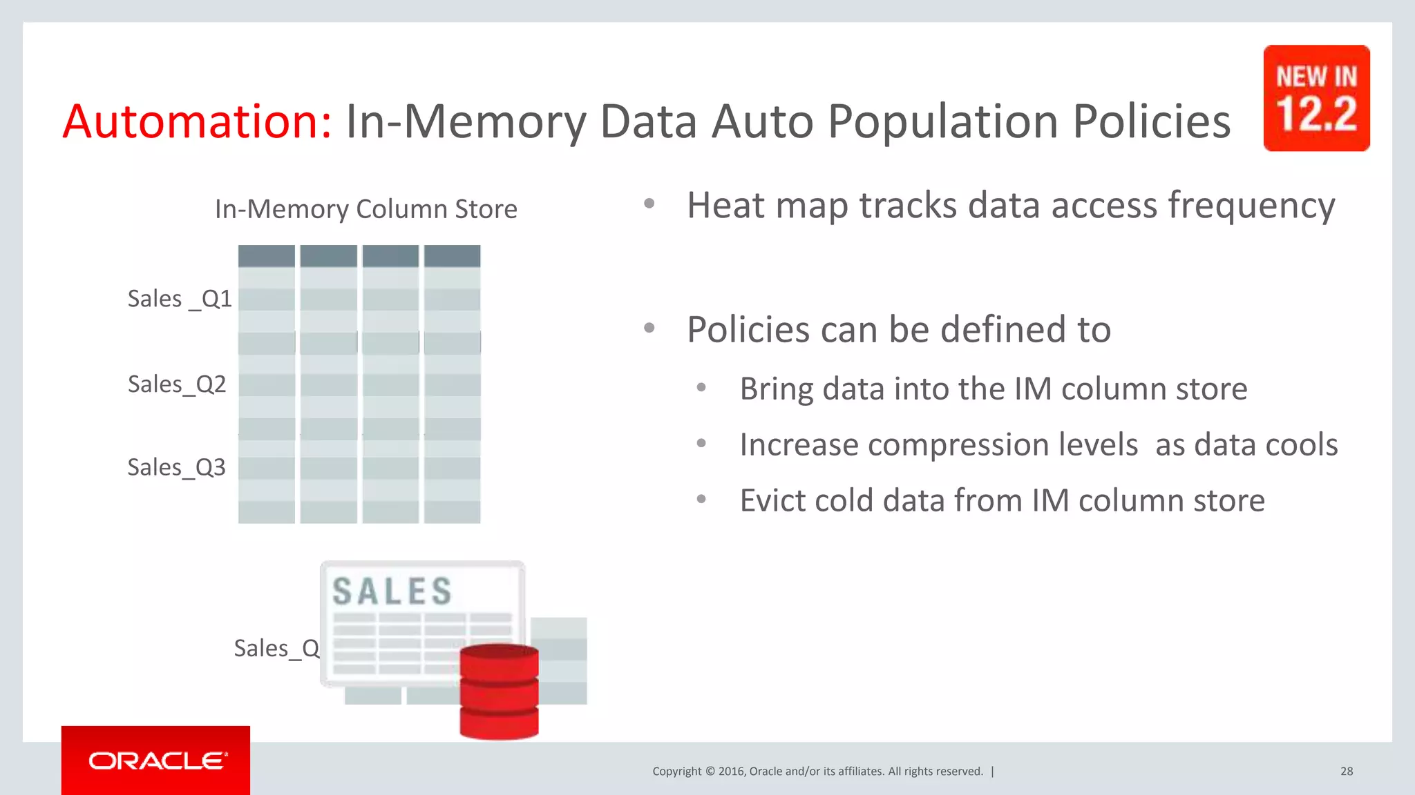 Copyright © 2016, Oracle and/or its affiliates. All rights reserved. | • Heat map tracks data access frequency • Policies can be defined to • Bring data into the IM column store • Increase compression levels as data cools • Evict cold data from IM column store 28 Sales_Q3 Sales_Q2 Sales_Q4 In-Memory Column Store Sales _Q1 Automation: In-Memory Data Auto Population Policies 