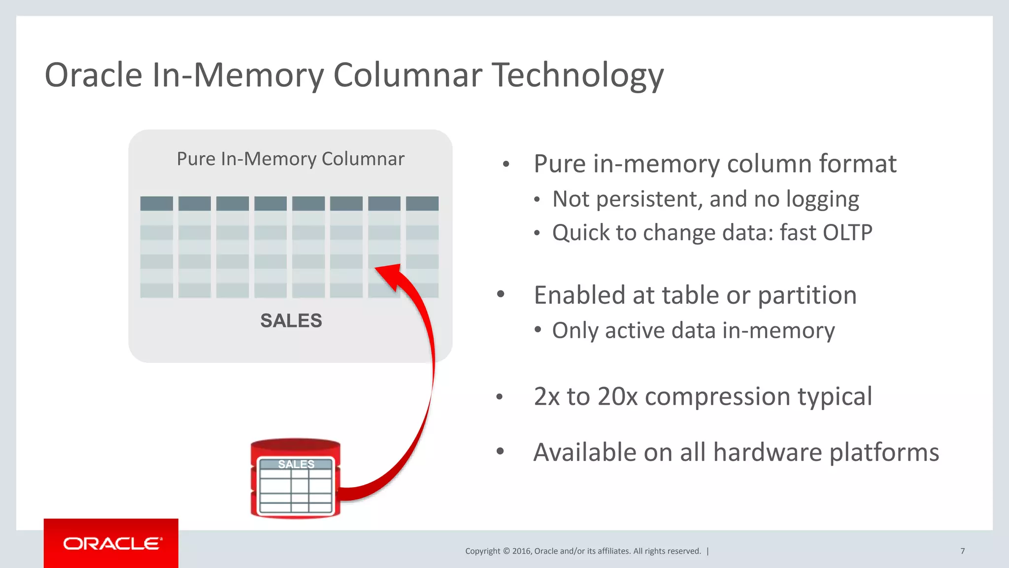 Copyright © 2016, Oracle and/or its affiliates. All rights reserved. | Oracle In-Memory Columnar Technology • Pure in-memory column format • Not persistent, and no logging • Quick to change data: fast OLTP • Enabled at table or partition • Only active data in-memory • 2x to 20x compression typical • Available on all hardware platforms 7 SALES SALES Pure In-Memory Columnar 