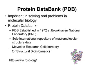Protein DataBank (PDB)
• Important in solving real problems in
molecular biology
• Protein Databank
– PDB Established in 1972 at Brookhaven National
Laboratory (BNL)
– Sole international repository of macromolecular
structure data
– Moved to Research Collaboratory
for Structural Bioinformatics
http://www.rcsb.org/
 