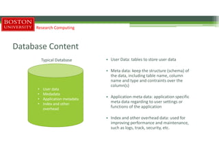 Database Content
Typical Database
Research Computing
• User data
• Medadata
• Application metadata
• Index and other
overhead
• User Data: tables to store user data
• Meta data: keep the structure (schema) of
the data, including table name, column
name and type and contraints over the
column(s)
• Application meta data: application specific
meta data regarding to user settings or
functions of the application
• Index and other overhead data: used for
improving performance and maintenance,
such as logs, track, security, etc.
 