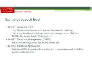 Examples at each level
• Level 1: data collection
 text files in certain format: such as many bioinformatic databases
 the actual data files of databases that stored through certain DBMS, i.e.
MySQL, SQL server, Oracle, Postgresql, etc.
• Level 2: Database Management (DBMS)
 SQL Server, Oracle, MySQL, SQLite, MS Access, etc.
• Level 3: Database Application
 Web/Mobile/Desktop standalone application - e-commerce, online banking,
online registration, etc.
Research Computing
 