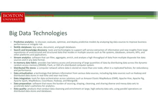 Big Data Technologies
• Predictive analytics: to discover, evaluate, optimize, and deploy predictive models by analyzing big data sources to improve business
performance or mitigate risk.
• NoSQL databases: key-value, document, and graph databases.
• Search and knowledge discovery: tools and technologies to support self-service extraction of information and new insights from large
repositories of unstructured and structured data that resides in multiple sources such as file systems, databases, streams, APIs, and
other platforms and applications.
• Stream analytics: software that can filter, aggregate, enrich, and analyze a high throughput of data from multiple disparate live data
sources and in any data format.
• In-memory data fabric: provides low-latency access and processing of large quantities of data by distributing data across the dynamic
random access memory (DRAM), Flash, or SSD of a distributed computer system.
• Distributed file stores: a computer network where data is stored on more than one node, often in a replicated fashion, for redundancy
and performance.
• Data virtualization: a technology that delivers information from various data sources, including big data sources such as Hadoop and
distributed data stores in real-time and near-real time.
• Data integration: tools for data orchestration across solutions such as Amazon Elastic MapReduce (EMR), Apache Hive, Apache Pig,
Apache Spark, MapReduce, Couchbase, Hadoop, and MongoDB.
• Data preparation: software that eases the burden of sourcing, shaping, cleansing, and sharing diverse and messy data sets to
accelerate data’s usefulness for analytics.
• Data quality: products that conduct data cleansing and enrichment on large, high-velocity data sets, using parallel operations on
distributed data stores and databases.
Research Computing
 