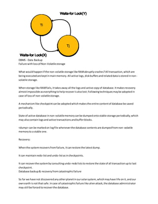 DBMS - Data Backup
Failure withlossof Non-Volatilestorage
What wouldhappenif the non-volatile storage like RAMabruptlycrashes?All transaction,whichare
beingexecutedare keptinmainmemory.All active logs,diskbuffersandrelateddataisstoredinnon-
volatile storage.
Whenstorage like RAMfails,ittakesaway all the logsand active copyof database.Itmakesrecovery
almostimpossible aseverythingtohelprecoverisalsolost.Followingtechniquesmaybe adoptedin
case of lossof non-volatilestorage.
A mechanismlike checkpointcanbe adoptedwhichmakesthe entire contentof database be saved
periodically.
State of active database innon-volatilememorycanbe dumpedontostable storage periodically,which
may alsocontainlogsand active transactionsandbufferblocks.
<dump> can be markedon logfile wheneverthe database contentsare dumpedfromnon-volatile
memoryto a stable one.
Recovery:
Whenthe systemrecoversfromfailure,itcanrestore the latestdump.
It can maintainredo-listandundo-listasincheckpoints.
It can recoverthe systembyconsultingundo-redoliststorestore the state of all transactionupto last
checkpoint.
Database backup& recoveryfromcatastrophicfailure
So far we have not discoveredanyotherplanetinoursolarsystem, whichmayhave life onit,andour
ownearth isnot that safe.Incase of catastrophicfailure like alienattack,the database administrator
may still be forcedtorecoverthe database.
 