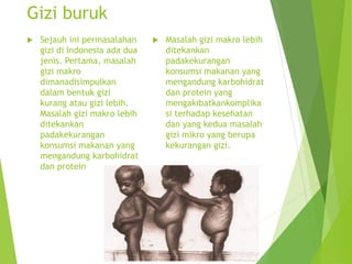 Gizi buruk
 Sejauh ini permasalahan
gizi di Indonesia ada dua
jenis. Pertama, masalah
gizi makro
dimanadisimpulkan
dalam bentuk gizi
kurang atau gizi lebih.
Masalah gizi makro lebih
ditekankan
padakekurangan
konsumsi makanan yang
mengandung karbohidrat
dan protein
 Masalah gizi makro lebih
ditekankan
padakekurangan
konsumsi makanan yang
mengandung karbohidrat
dan protein yang
mengakibatkankomplika
si terhadap kesehatan
dan yang kedua masalah
gizi mikro yang berupa
kekurangan gizi.
 