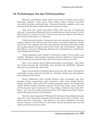 Perhubungan, Pos dan Telekomunikasi




19. Perhubungan, Pos dan Telekomunikasi

         Walaupun pertambahan jumlah sepeda motor saat ini demikian pesat namun
   keberadaan angkutan umum masih tetap berjalan dalam melayani kebutuhan
   masyarakat khususnya untuk jarak jauh. Karenanya kendaraan angkutan umum yang
   bernaung dalam Perusahaan Otobus (PO) saat ini masih tetap eksis.

          Pada tahun 2011 jumlah Perusahaan Otobus (PO) yang ada di Singkawang
   sebanyak 16 perusahaan didukung 295 unit armada/kendaraan untuk melayani 6 trayek
   dalam kota dan 12 trayek antar kota. Untuk trayek dalam kota dilayani 80 kendaraan
   dan trayek luar kota dilayani 111 kendaraan.

           Untuk melayani kebutuhan transportasi antar kota masyarakat Singkawang juga
   terdapat Angkutan Sewa Khusus yang biasa disebut masyarakat Singkawang dengan
   istilah “Taxi” yaitu angkutan antar kota yang menjemput penumpang dari depan rumah
   dan mengantarkannya ke depan rumah di kota tujuan. Ada 18 perusahaan Angkutan
   Sewa Khusus yang ada di Singkawang didukung 95 armada/kendaraan untukmelayani
   trayek Singkawang Pontianak.

          Untuk pengelolaan parkir terdapat 75 titik parkir dengan 185 juru parkir yang
   terdaftar. Sedangkan untuk pengujian kendaraan bermotor dilakukan 5 orang petugas
   dengan kendaraan yang diuji sebanyak 4.207 unit kendaraan selama tahun 2011.

         Dari 4 jenis retribusi daerah bidang perhubungan yang dipungut, pada tahun
   2011 berhasil dipungut Rp. 372.938.500,- atau meningkat Rp. 26.866.000,- dibanding
   tahun 2010 yang sebesar Rp. 346.072.500,-.

          Kapal yang bersandar di Pelabuhan Kuala pada tahun 2011 hanya 186 kapal dan
   membongkar muatan sebanyak 6.212,300 ton. Sedangkan barang yang dimuat/dibawa
   keluar sebanyak 3.946,499 ton.

         Karena Singkawang tidak memiliki Bandara maka penumpang yang akan
   bepergian dengan menggunakan moda transportasi udara masih melalui Bandara
   Supadio Pontianak. Dalam tahun 2011 jumlah penumpang pesawat dari Singkawang
   melalui Bandara Supadio Pontianak sebanyak 39.166 orang dengan tujuan domestik
   38.789 orang dan tujuan internasional 377 orang. Dengan demikian selama tahun 2011
   dalam 1 hari rata-rata jumlah penumpang pesawat dari Singkawang melalui Bandara
   Supadio Pontianak sebanyak 107 penumpang.

          Dari data yang disampaikan PT (Persero) Pos Indonesia Cabang Singkawang pada
   tahun 2011 surat yang dikirim sebanyak 333.398 lembar dimana 332.113 lembar surat
   dalam negeri dan 1.285 lembar surat dikirim ke luar negeri. Sedangkan surat yang
   diterima sebanyak 412.267 lembar, 411.643 lembar diterima dari dalam negeri dan 624
   lembar surat diterima dari luar negeri.




                                                  Database Kota Singkawang Tahun 2011|   252
 