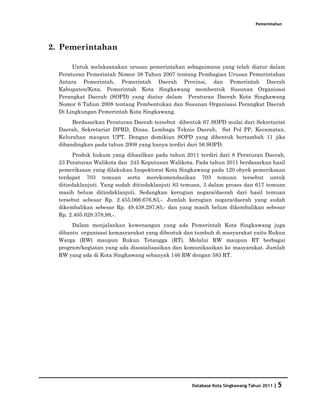 Pemerintahan




2. Pemerintahan

       Untuk melaksanakan urusan pemerintahan sebagaimana yang telah diatur dalam
  Peraturan Pemerintah Nomor 38 Tahun 2007 tentang Pembagian Urusan Pemerintahan
  Antara Pemerintah, Pemerintah Daerah Provinsi, dan Pemerintah Daerah
  Kabupaten/Kota, Pemerintah Kota Singkawang membentuk Susunan Organisasi
  Perangkat Daerah (SOPD) yang diatur dalam Peraturan Daerah Kota Singkawang
  Nomor 6 Tahun 2008 tentang Pembentukan dan Susunan Organisasi Perangkat Daerah
  Di Lingkungan Pemerintah Kota Singkawang.
       Berdasarkan Peraturan Daerah tersebut dibentuk 67 SOPD mulai dari Sekretariat
  Daerah, Sekretariat DPRD, Dinas, Lembaga Teknis Daerah, Sat Pol PP, Kecamatan,
  Kelurahan maupun UPT. Dengan demikian SOPD yang dibentuk bertambah 11 jika
  dibandingkan pada tahun 2008 yang hanya terdiri dari 56 SOPD.
       Produk hukum yang dihasilkan pada tahun 2011 terdiri dari 8 Peraturan Daerah,
  23 Peraturan Walikota dan 245 Keputusan Walikota. Pada tahun 2011 berdasarkan hasil
  pemeriksaan yang dilakukan Inspektorat Kota Singkawang pada 120 obyek pemeriksaan
  terdapat 703 temuan serta merekomendasikan 703 temuan tersebut untuk
  ditindaklanjuti. Yang sudah ditindaklanjuti 83 temuan, 3 dalam proses dan 617 temuan
  masih belum ditindaklanjuti. Sedangkan kerugian negara/daerah dari hasil temuan
  tersebut sebesar Rp. 2.455.066.676,83,-. Jumlah kerugian negara/daerah yang sudah
  dikembalikan sebesar Rp. 49.438.297,85,- dan yang masih belum dikembalikan sebesar
  Rp. 2.405.628.378,98,-.
       Dalam menjalankan kewenangan yang ada Pemerintah Kota Singkawang juga
  dibantu organisasi kemasyarakat yang dibentuk dan tumbuh di masyarakat yaitu Rukun
  Warga (RW) maupun Rukun Tetangga (RT). Melalui RW maupun RT berbagai
  program/kegiatan yang ada disosialisasikan dan komunikasikan ke masyarakat. Jumlah
  RW yang ada di Kota Singkawang sebanyak 146 RW dengan 583 RT.




                                                   Database Kota Singkawang Tahun 2011 | 5
 