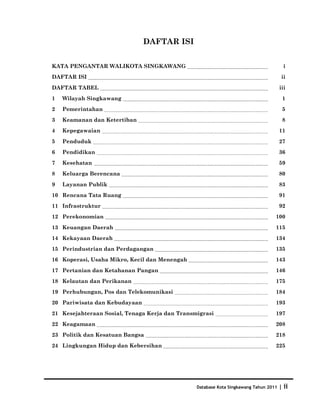 DAFTAR ISI


KATA PENGANTAR WALIKOTA SINGKAWANG                                                      i
DAFTAR ISI                                                                             ii
DAFTAR TABEL                                                                          iii
1   Wilayah Singkawang                                                                 1
2   Pemerintahan                                                                       5
3   Keamanan dan Ketertiban                                                            8
4   Kepegawaian                                                                       11
5   Penduduk                                                                          27
6   Pendidikan                                                                        36
7   Kesehatan                                                                         59
8   Keluarga Berencana                                                                80
9   Layanan Publik                                                                    83
10 Rencana Tata Ruang                                                                 91
11 Infrastruktur                                                                      92
12 Perekonomian                                                                   100
13 Keuangan Daerah                                                                115
14 Kekayaan Daerah                                                                134
15 Perindustrian dan Perdagangan                                                  135
16 Koperasi, Usaha Mikro, Kecil dan Menengah                                      143
17 Pertanian dan Ketahanan Pangan                                                 146
18 Kelautan dan Perikanan                                                         175
19 Perhubungan, Pos dan Telekomunikasi                                            184
20 Pariwisata dan Kebudayaan                                                      193
21 Kesejahteraan Sosial, Tenaga Kerja dan Transmigrasi                            197
22 Keagamaan                                                                      208
23 Politik dan Kesatuan Bangsa                                                    218
24 Lingkungan Hidup dan Kebersihan                                                225




                                                Database Kota Singkawang Tahun 2011   | ii
 