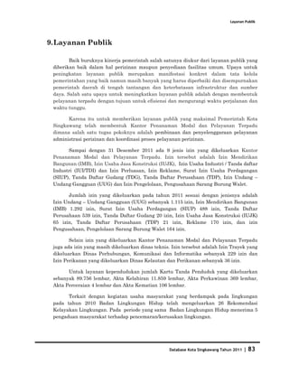 Layanan Publik




9. Layanan Publik

        Baik buruknya kinerja pemerintah salah satunya diukur dari layanan publik yang
 diberikan baik dalam hal perizinan maupun penyediaan fasilitas umum. Upaya untuk
 peningkatan layanan publik merupakan manifestasi konkret dalam tata kelola
 pemerintahan yang baik namun masih banyak yang harus diperbaiki dan disempurnakan
 pemerintah daerah di tengah tantangan dan keterbatasan infrastruktur dan sumber
 daya. Salah satu upaya untuk meningkatkan layanan publik adalah dengan membentuk
 pelayanan terpadu dengan tujuan untuk efisiensi dan mengurangi waktu perjalanan dan
 waktu tunggu.

       Karena itu untuk memberikan layanan publik yang maksimal Pemerintah Kota
 Singkawang telah membentuk Kantor Penanaman Modal dan Pelayanan Terpadu
 dimana salah satu tugas pokoknya adalah pembinaan dan penyelenggaraan pelayanan
 administrasi perizinan dan koordinasi proses pelayanan perizinan.

       Sampai dengan 31 Desember 2011 ada 9 jenis izin yang dikeluarkan Kantor
 Penanaman Modal dan Pelayanan Terpadu. Izin tersebut adalah Izin Mendirikan
 Bangunan (IMB), Izin Usaha Jasa Konstruksi (IUJK), Izin Usaha Industri / Tanda daftar
 Industri (IUI/TDI) dan Izin Perluasan, Izin Reklame, Surat Izin Usaha Perdagangan
 (SIUP), Tanda Daftar Gudang (TDG), Tanda Daftar Perusahaan (TDP), Izin Undang –
 Undang Gangguan (UUG) dan Izin Pengelolaan, Pengusahaan Sarang Burung Walet.

       Jumlah izin yang dikeluarkan pada tahun 2011 sesuai dengan jenisnya adalah
 Izin Undang – Undang Gangguan (UUG) sebanyak 1.115 izin, Izin Mendirikan Bangunan
 (IMB) 1.292 izin, Surat Izin Usaha Perdagangan (SIUP) 488 izin, Tanda Daftar
 Perusahaan 539 izin, Tanda Daftar Gudang 20 izin, Izin Usaha Jasa Konstruksi (IUJK)
 65 izin, Tanda Daftar Perusahaan (TDP) 21 izin, Reklame 170 izin, dan izin
 Pengusahaan, Pengelolaan Sarang Burung Walet 164 izin.

        Selain izin yang dikeluarkan Kantor Penanaman Modal dan Pelayanan Terpadu
 juga ada izin yang masih dikeluarkan dinas teknis. Izin tersebut adalah Izin Trayek yang
 dikeluarkan Dinas Perhubungan, Komunikasi dan Informatika sebanyak 229 izin dan
 Izin Perikanan yang dikeluarkan Dinas Kelautan dan Perikanan sebanyak 36 izin.

       Untuk layanan kependudukan jumlah Kartu Tanda Penduduk yang dikeluarkan
 sebanyak 89.756 lembar, Akta Kelahiran 11.859 lembar, Akta Perkawinan 369 lembar,
 Akta Perceraian 4 lembar dan Akta Kematian 106 lembar.

       Terkait dengan kegiatan usaha masyarakat yang berdampak pada lingkungan
 pada tahun 2010 Badan Lingkungan Hidup telah mengeluarkan 26 Rekomendasi
 Kelayakan Lingkungan. Pada periode yang sama Badan Lingkungan Hidup menerima 5
 pengaduan masyarakat terhadap pencemaran/kerusakan lingkungan.




                                                   Database Kota Singkawang Tahun 2011   |   83
 